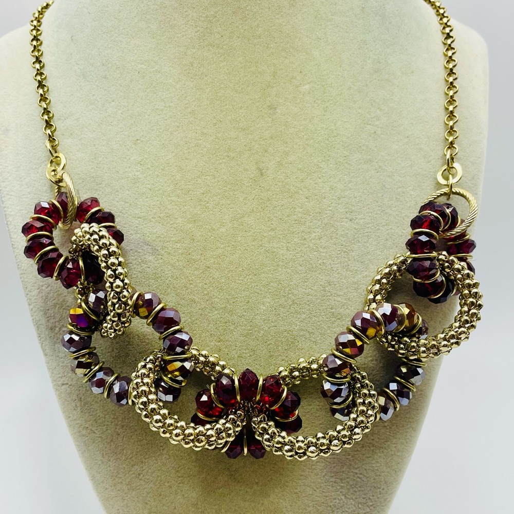New York & Company Necklace with Gold Tone Textured and Red Bead Rings 20 inches